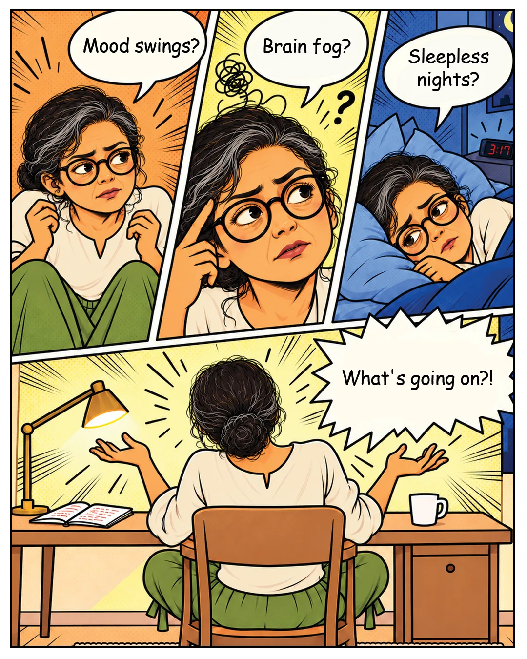 Panel 1: The woman sits hugging her knees, looking uneasy. She says: "Mood swings?" Panel 2: She taps her temple, confused, a scribble above her head. "Brain fog?" Panel 3: She lies awake in bed, the clock reading 3:17. "Sleepless nights?" Panel 4: Seen from behind at her desk, she throws up her hands. "What's going on?!"