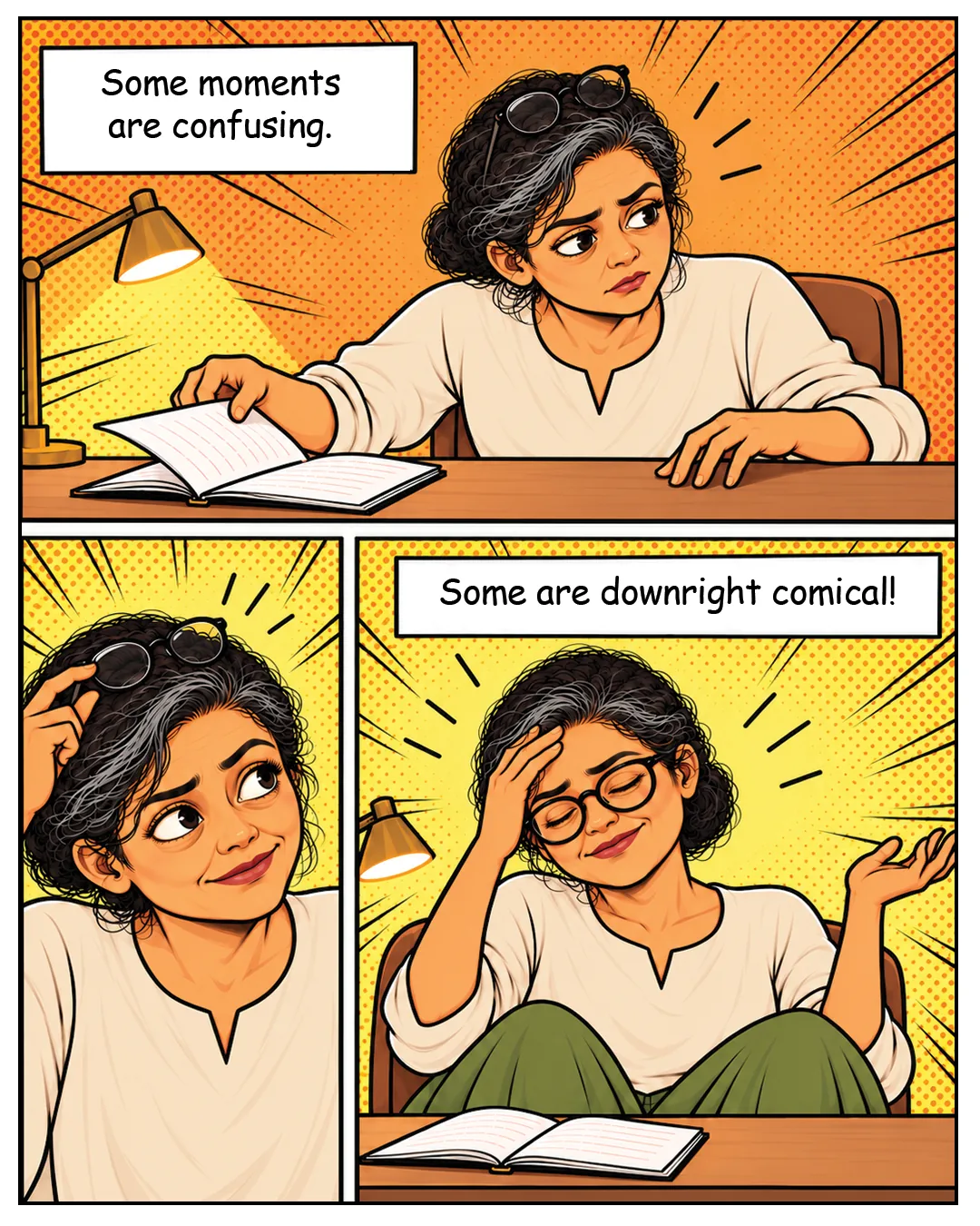 Panel 1: At her desk by lamplight, she looks around puzzled, her glasses perched on top of her head. Caption: "Some moments are confusing." Panel 2: She touches her head and finds the glasses, smiling sheepishly. Panel 3: Glasses back on, she laughs and shrugs. Caption: "Some are downright comical!"