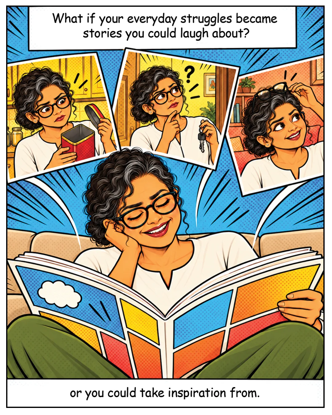 Caption: "What if your everyday struggles became stories you could laugh about?" Three small snapshots show her staring into an empty tin, holding keys while trying to remember something, and finding her glasses on her head. Below, she relaxes on a sofa, laughing as she reads a colourful comic book. Caption: "or you could take inspiration from."
