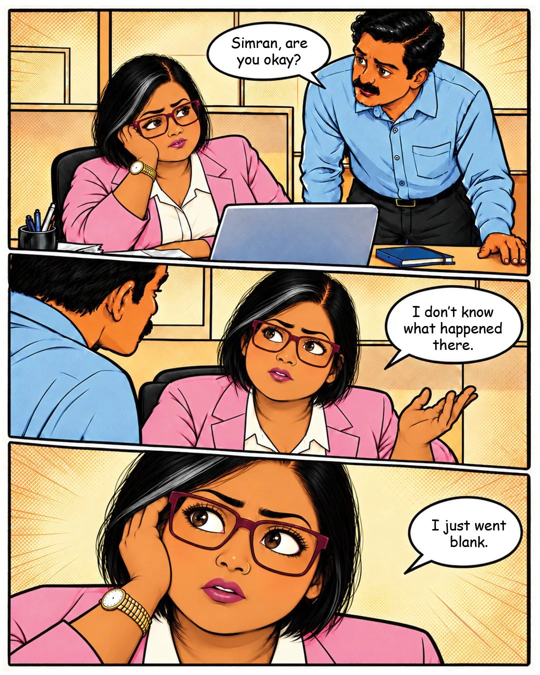 Panel 1: Simran, in a pink blazer and glasses, sits at her office desk, head in hand. A colleague in a blue shirt and moustache leans over. Colleague: "Simran, are you okay?" Panel 2: Simran shrugs, bewildered. Simran: "I don't know what happened there." Panel 3: Close-up of Simran holding her head. Simran: "I just went blank."